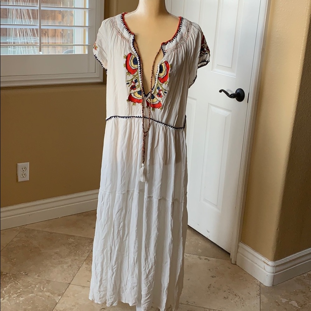 Free People White Maxi Dress with Multicolor Embroidered Yoke